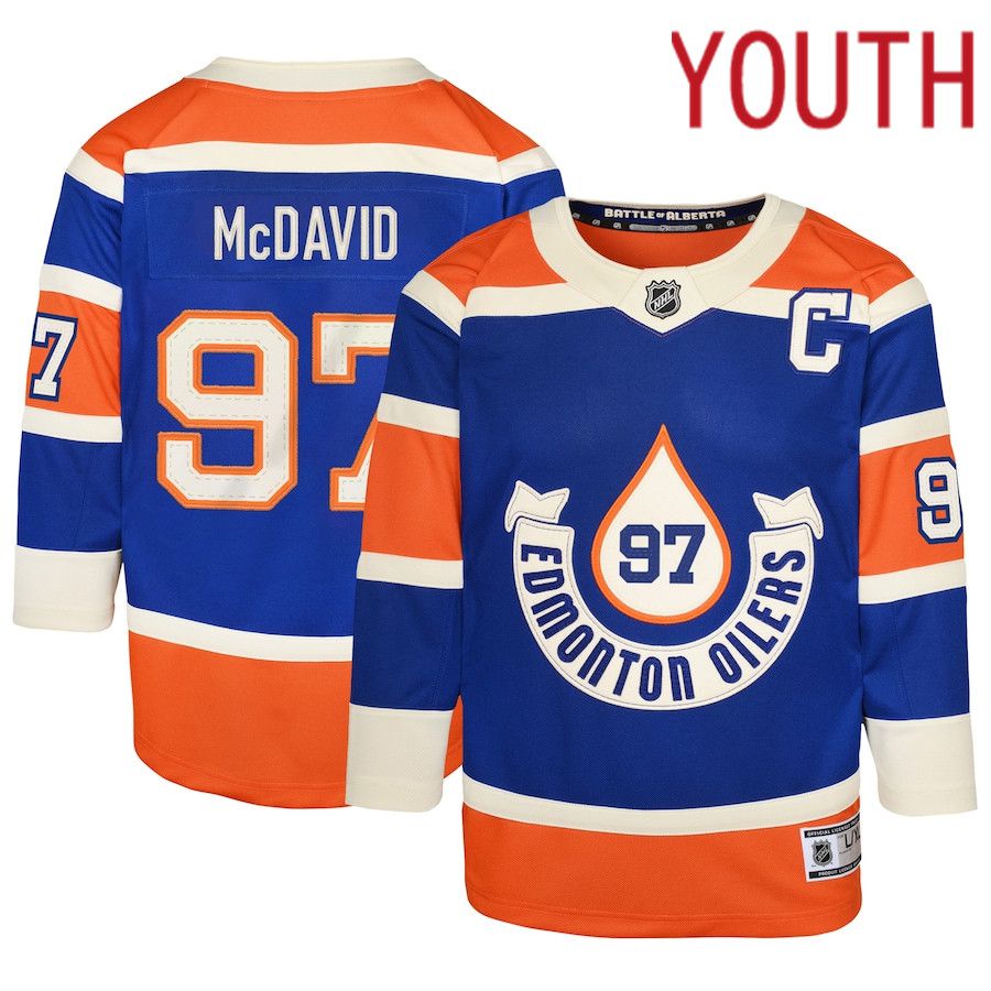Youth Edmonton Oilers #97 Connor McDavid Royal 2023 NHL Heritage Classic Premier Player Jersey-0